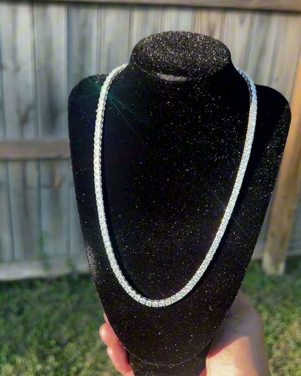 4mm moissanite tennis chain on black jewelry display
